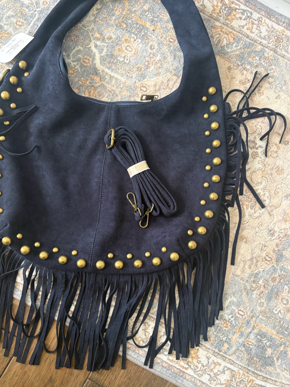 Fringe Suede Shoulder Bag with Brass Studs